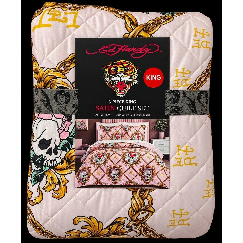 Ed Hardy 3-Piece King Satin Quilt Set Pink Skull Roses Tattoo Bedding NWT